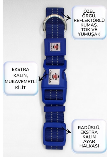 Caramelos Reflektörlü Köpek Tasması, Kişiye Özel Köpek Tasması. Büyük Ive Orta Irk Köpek Tasması Lcv Lacivert