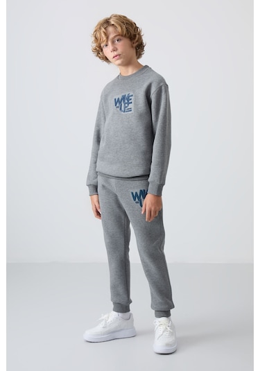 Gri Melanj Pamuklu Kalın İçi Tüylü Yumuşak Dokulu Standart Fit Baskılı Erkek Çocuk Eşofman Takım - Gri Melanj