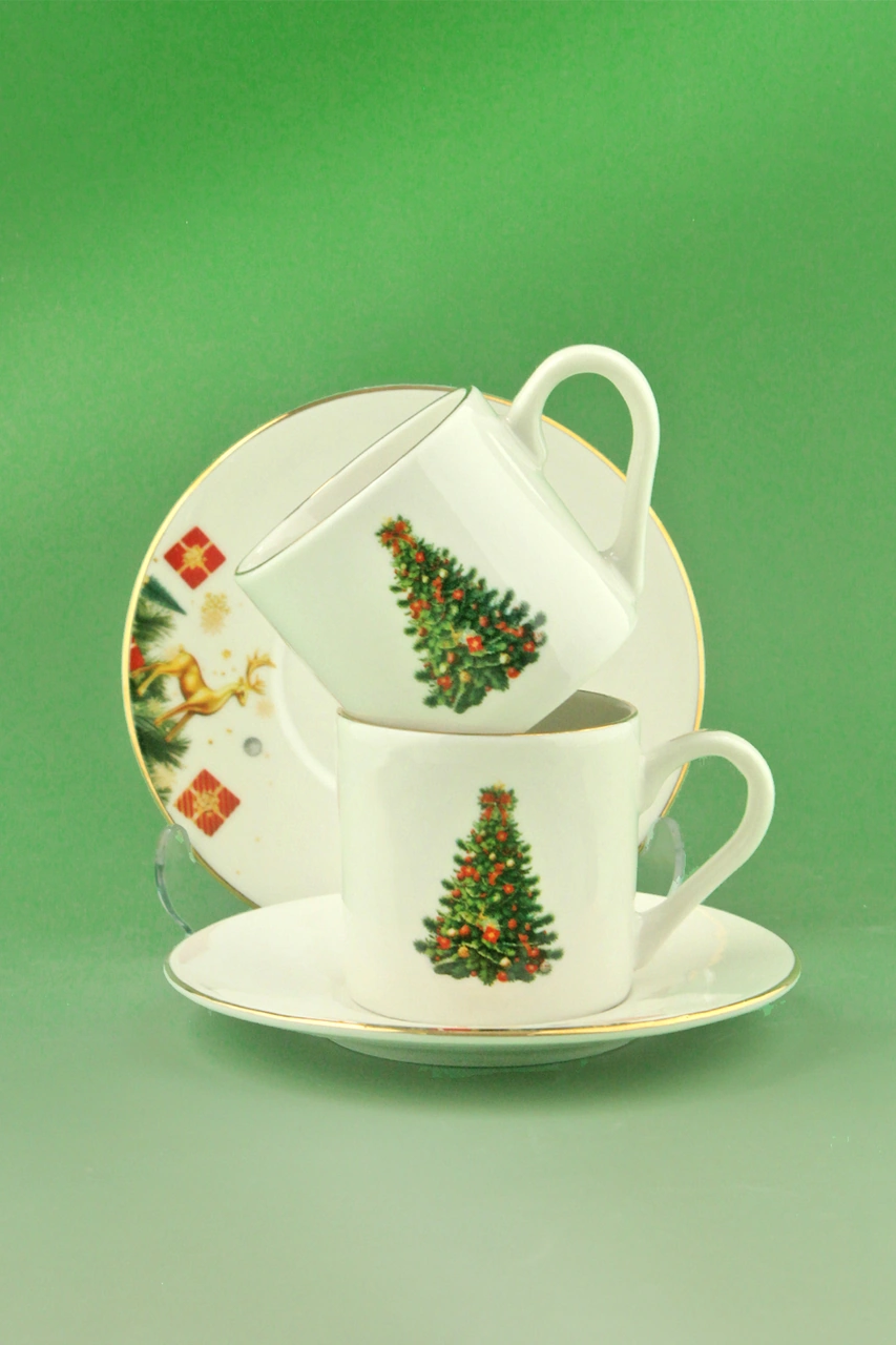 Christmas Tree Altın Yaldızlı İki Kişilik Kahve Fincan Takımı Beyaz - Altın