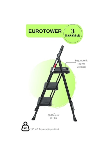 Eurotower 3 Basamak Özel Tasarım Geniş Basamaklı Siyah Merdiven 3+1