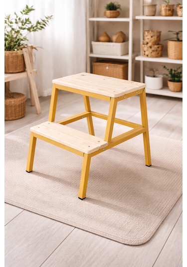 Ecowood Basamaklı Metal Tabure Bambu - Krem