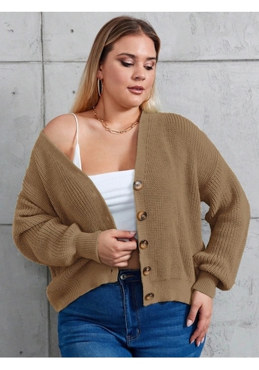 Defymoda Kadın Beş Düğme Büyük Beden Triko Hırka Kahve