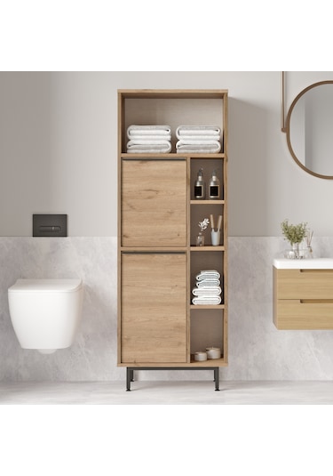 Lidya Banyo Dolabı Çok Amaçlı Dolap 2 Kapaklı Metal Ayaklı Sepet Kahverengi
