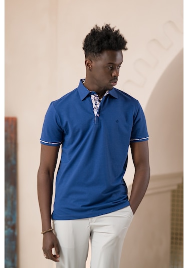 Paul Martin Regular Fit Yaka Garnili Pamuklu Polo Yaka T-shirt İndigo
