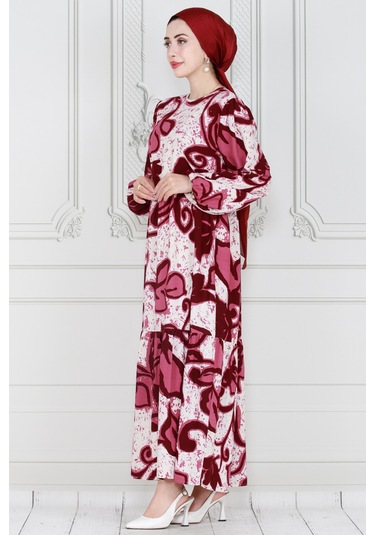 Sevitli Kuşaklı Lilyum Viscon Elbise-bordo-3999-bordo Bordo