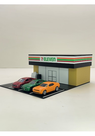 3d Baskı 1/64 Ölçekli 7 Eleven Bina Tasarımlı Diorama Araç Sergileme Garajı