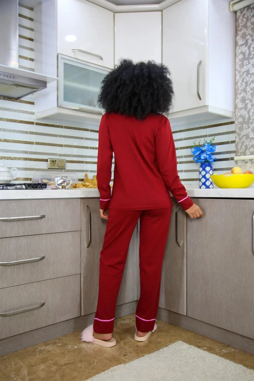 Moda Kadın %100 Pamuk Penye Önden Düğmeli Uzun Kol Pijama Takım Bordo Bordo