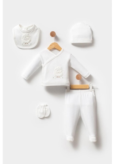 Bebitof %100 Pamuk Kuzu Desenli 5 Parça Yenidoğan Hastane Çıkışı Zıbın Seti Bbtf.ekr.20128 Ekru