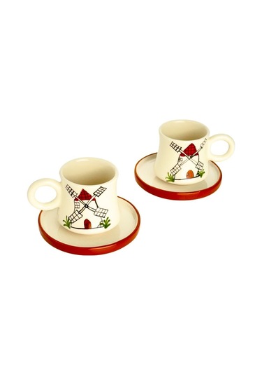 2 Li Takım Değirmen Desenli El Yapımı Kazan Seramik Kahve Fincanı, Kahve Fincanı, Hand Made Beyaz