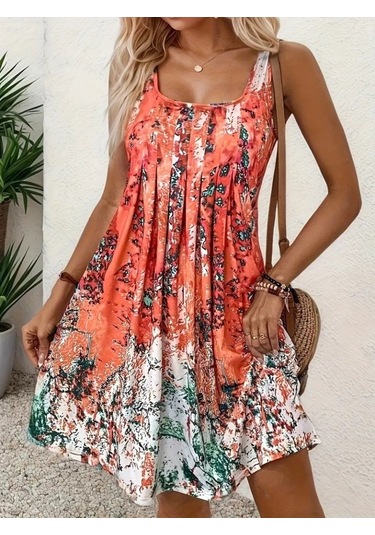 Kadın Sıfır Kollu Kare Yaka Önden Pileli Salaş Süprem Elbise Desenli