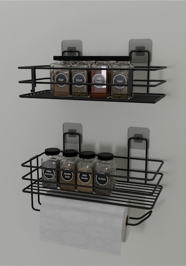 Güçlü Yapışkanlı Baharatlık 2 Li Metal Kağıt Havluluk Siyah Baharat Standı Mutfak Rafı Renkli