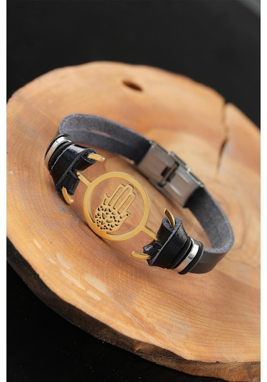 Gold Renk Metal Fatma Ana Eli Tasarım Siyah Renk Deri Erkek Bilek Çok Renkli