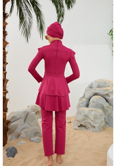 Likralı Tam Kapalı Tesettür Mayo Deniz Mayosu Fırfır Detaylı T223-46 Fuşya Fuşya
