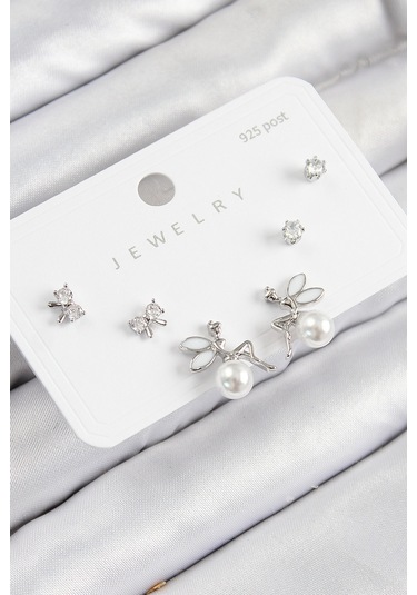 Pirinç Zirkon Taşlı İnci Melek Model Gümüş Renk 925 Ayar Gümüş Çivi Kadın Küpe Set Çok Renkli