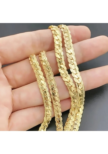 Silver İtalyan Ezme Yassı Yılan Çelik Unisex Set Tak... Altın