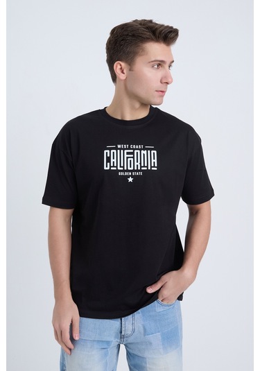 Erkek Oversize Baskılı T-shirt Siyah California Siyah