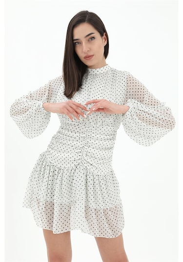 Büzgülü Puantiyeli Şifon Elbise - Ekru-ekru Ekru