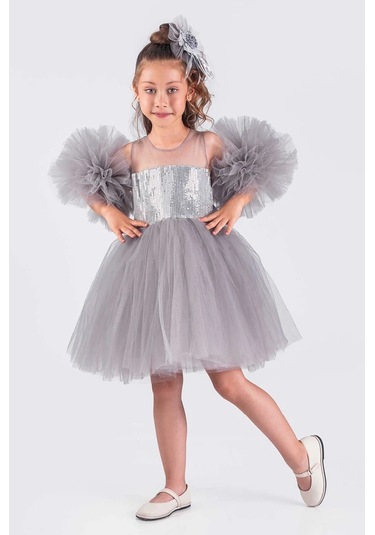 Kız Çocuk Abiye Elbise Ponpon Kol Pul Payetli Tütülü Gri