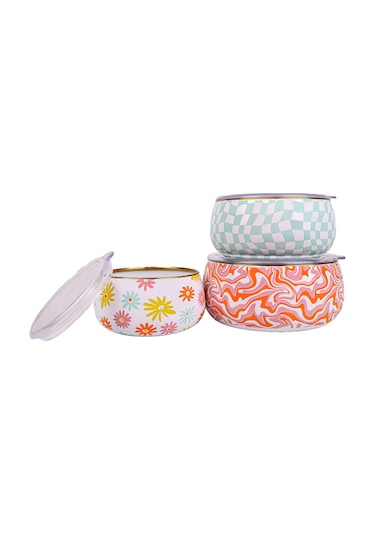 Emaylab Retro Hippi 3' Lü Emaye Tombul Saklama Kabı Takımı-6 Parç Çok Renkli