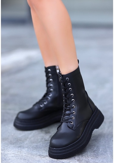 Rxn Siyah Cilt Bağcıklı Suni Deri Yandan Fermuarlı İçi Pedli Bot Siyah