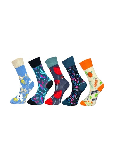 5'li Unısex Çiçek Temalı Karışık Desenli Esnek Nem Alabilen Pamuklu Spor Soket Çoraplar Çok Renkli