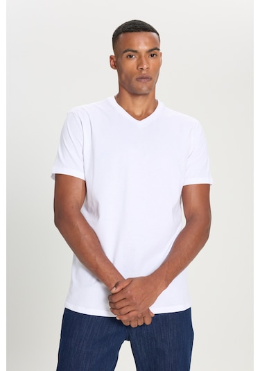 Ac&Co / Altınyıldız Classics Slim Fit Dar Kesim V Yaka Pamuklu Erkek Tişört Beyaz
