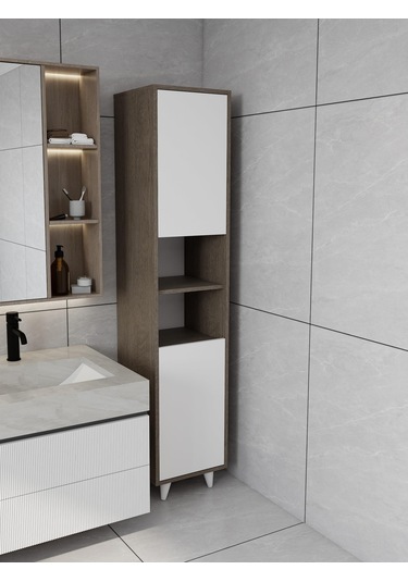 Riva Çamaşır Sepetli Banyo Dolabı Antrasit Meşe Renk Antrasit - Beyaz