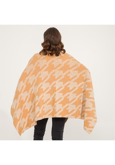Kaz Ayağı Desen Çift Taraflı Triko Kadın Şal Panço-Safran-140X140 Safran