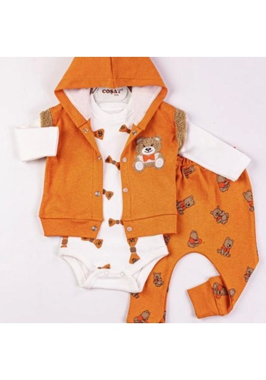3-9 Ay Erkek Bebek Takımı Bear Nakışlı Yelekli 3'lü Turuncu Turuncu