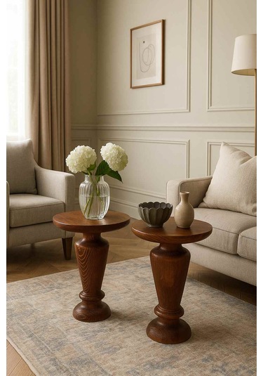 Masif Ahşap 2 Li Yan Sehpa Seti Meşe Renk Doğal Zigon Takımı Meşe