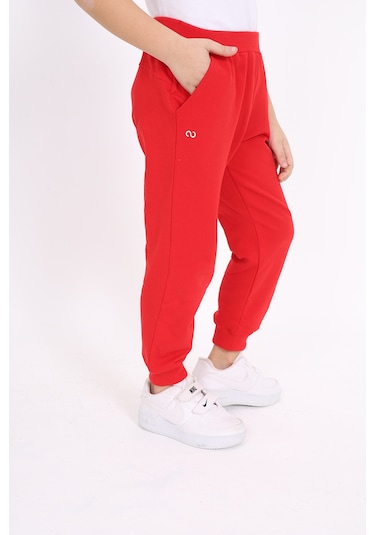 Kız Çocuk Baskılı Beli Paçası Ribanalı Cepli Basic Jogger Eşofman Altı 2 İplik Kırmızı