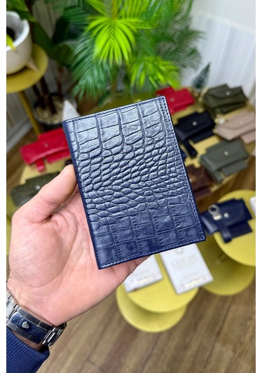 Premium Deri Ruhsat Kılıfı Ve Anahtarlık Seti Lacivert Croco