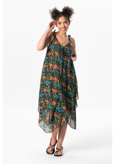 Askılı Vual Afrodit Midi Boy Yazlık Elbise Koyu Yeşil 6161 - Kadın