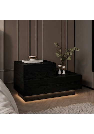 Kayra Kmd002 Led Işıklı Komodin 2 Çekmeceli Modern Tasarım Ahşap Siyah