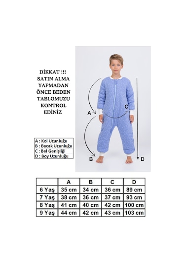 Erkek Çocuk Uyku Tulumu 6-9 Yaş Kalın Elyaf Dolgulu Premium Kalite 2.5 Tog-gök Mavisi Mavi