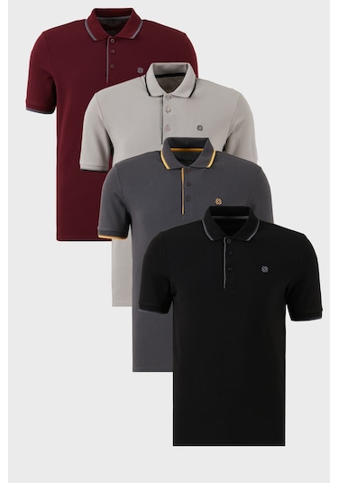 Buratti Pamuklu Slim Fit Şerit Detaylı Düğmeli Polo Yaka 4'Lü Paket Erkek T Shirt 5902118S4 Siyah-Vişne-Antrasit-Taş