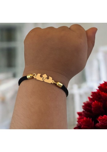 U Harfine Özel Siyah İpek Örgülü Taç Figürlü 14 Ayar Altın Plakalı Hediye Bileklik-507harf U