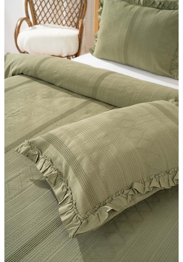 Tziana Haki Yeşil Çift Kişilik Jakarlı Yatak Örtüsü Takımı 3 Parça Uyku Seti Yeşil