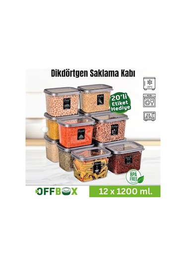Offbox Dikdörtgen Bakliyat Baharat Gıda Saklama Kabı - 1.2 Lt. - 12 Adet Antrasit Şeffaf