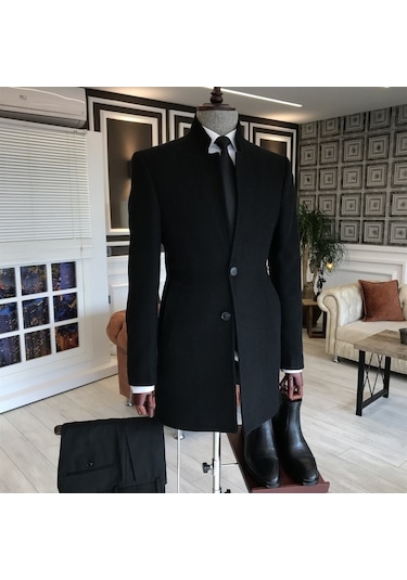 Erkek Siyah Slim Fit Dik Yaka Kaşe Kaban-Siyah