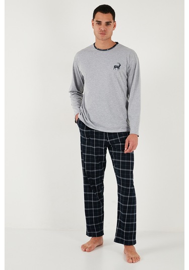Buratti Pamuklu Regular Fit Bisiklet Yaka Ekoseli Erkek Pijama Takımı 6574001 Gri