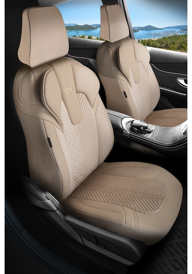 Bej - Bej Panda Monte Carlo Serisi Velor Kadife Kumaş Oto Koltuk Kılıfı - Tam Set