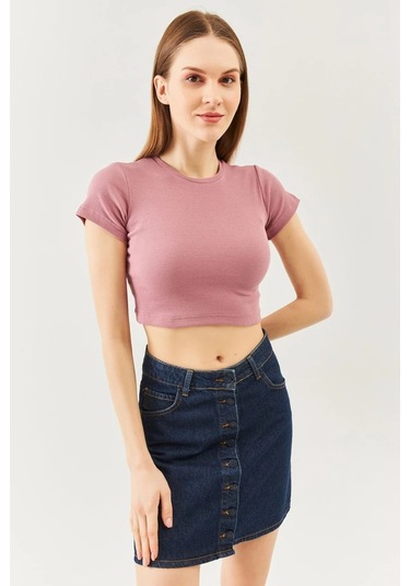 Kadın Kısa Kol Bisiklet Yaka Vücuda Oturan %100 Pamuklu Kaşkorse Esnek Crop Bluz Gül Kurusu