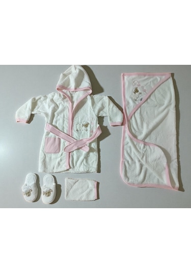 Sevimli Kuzu Nakışlı Bornoz Seti %100 Pamuktan. 4 Parça 0-3 Yaş Beyaz - Pembe