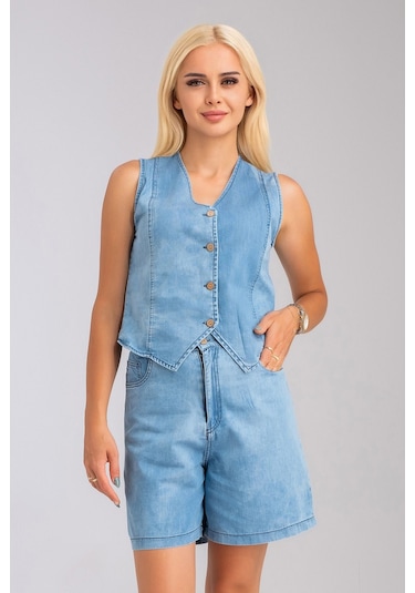 Bold & Young Kadın Bleach Yıkama Lyocell İnce Denim Kumaş Kot Yelek Lacivert