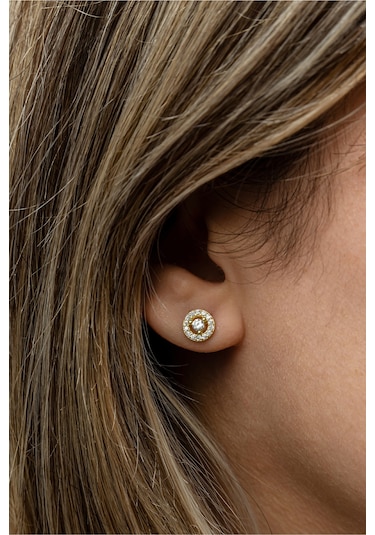 Nereze 925 Ayar Gümüş Gold Kaplama Minimal Tektaş Yuvarlak Küpe