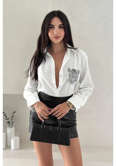 Aslan Desen Baskılı Taşlı Gömlek Gümüş Gümüş