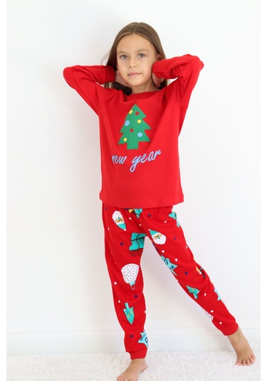 Kız Çocuk Orta Kalınlıkta Basic Baskılı Pijama Takımı Kırmızı