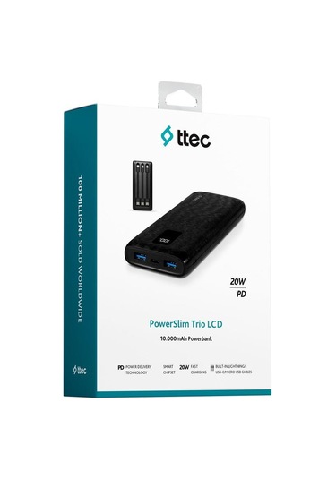 Ttec Powerslim Trio LCD 10.000 MAh PD 22.5 W Dahili Kablolu Taşınabilir Powerbank
