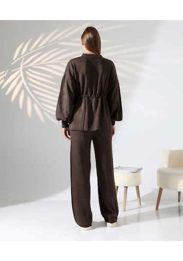 Kuşak Detaylı İkili Triko Takım Kahverengi